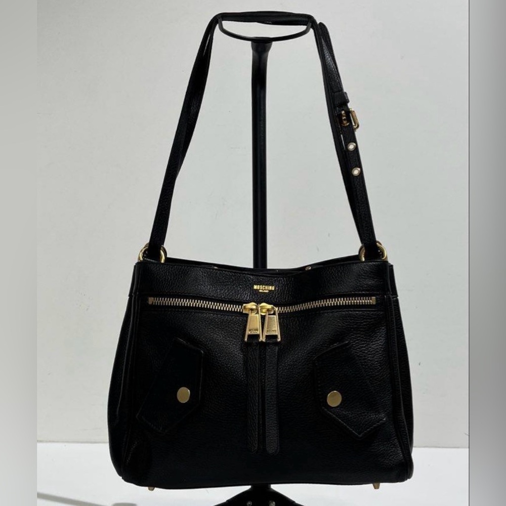 AUTHENTIC MOSCHINO DESIGNER BIKER B-POCKET CROSSGRAIN LEATHER SATCHEL BAG EUC